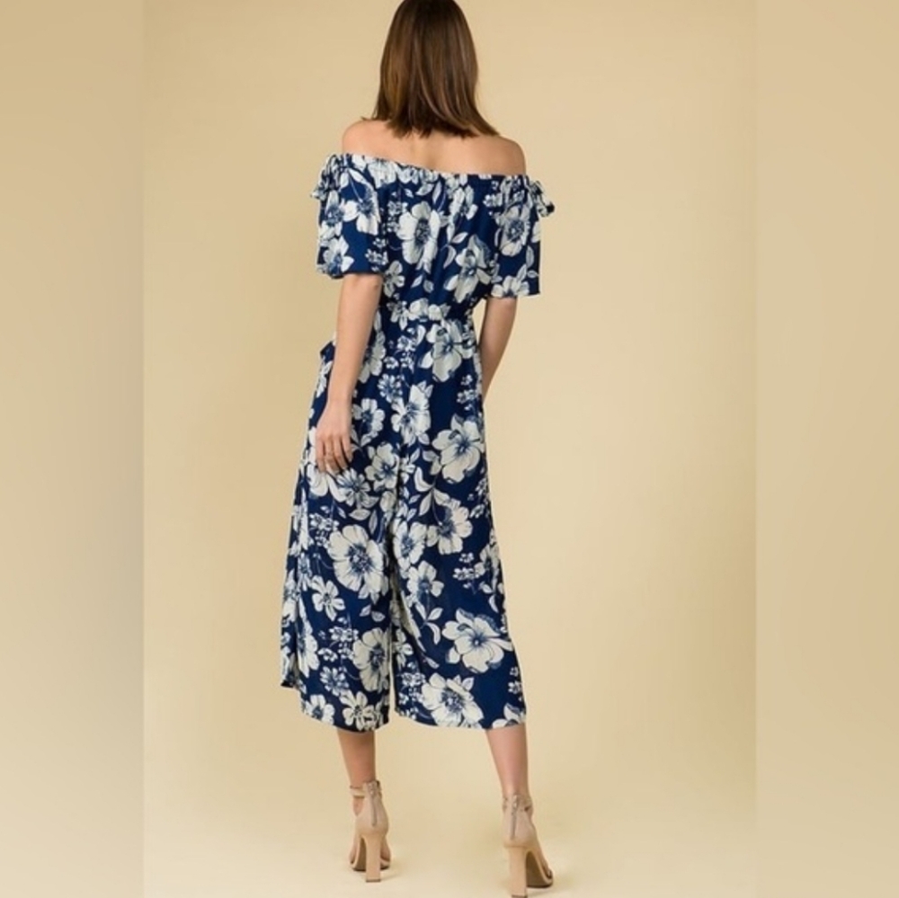 AUW Blue White Floral Tropical Wide Leg Jumpsuit w/ Pockets Shoulder Ties - Picture 16 of 16